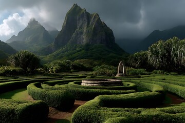 Lush green maze garden with mountain backdrop with tranquil landscape scene.