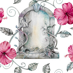 Antique tombstone with dark pink hibiscus flowers, silver leaves hand drawn watercolor illustration isolated on white. vintage monument seamless pattern for funeral, halloween design, print, fabric