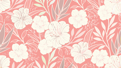 Delicate Floral Print on Coral Background. A vibrant coral background showcases a repeating pattern of elegant, white floral designs with soft, muted leaves.