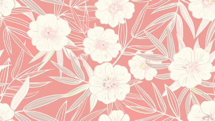 Delicate Floral Print on a Coral Background. This vibrant coral background is adorned with a seamless pattern of delicate, white flowers and elegant, line-drawn tropical leaves.