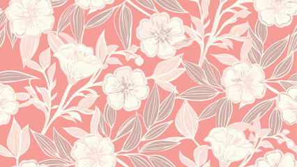 Delicate Floral Print Seamless Pattern on a Coral Background. This beautiful seamless pattern features delicate, hand-drawn-style flowers and leaves in soft white and light beige.