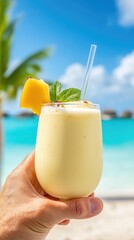 Tropical smoothie refreshment on beach vacation getaway with pineapple and mint