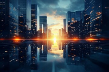 Fototapeta premium A city skyline with a reflection of the sun in the water