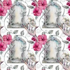 Gothic vintage tombstone, witch hand holding human skull, dark pink hibiscus flowers hand drawn watercolor illustration Isolated on white. Horrible seamless pattern for gloomy, spooky halloween design
