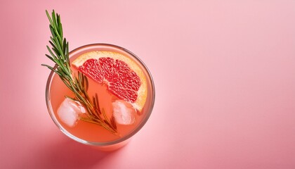 cold grapefruit cocktail decorated twig rosemary and slice citrus on pink background