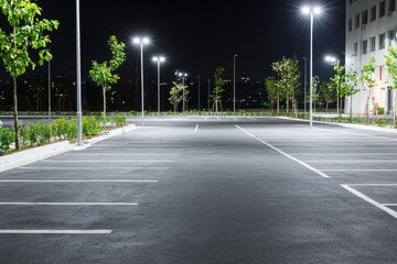 Nighttime asphalt parking area with clean dark pavement, suitable for stock imagery.