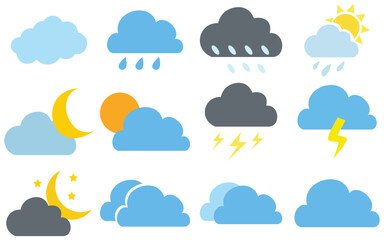 Weather Icon Set – Flat and Line Style Vector Symbols of Sun, Cloud, Rain, and Snow