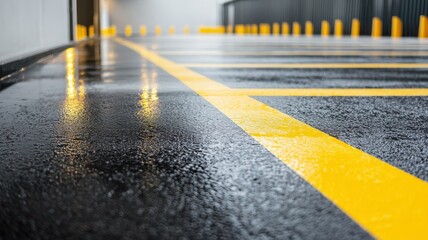 Nighttime image of a wet asphalt parking area showcasing a blacktop surface with reflections.