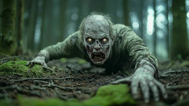 Decaying zombie crawling through shadowy forest undergrowth, reaching menacingly with grotesque hands while exposing razor sharp teeth in haunting, nerve wracking survival scene