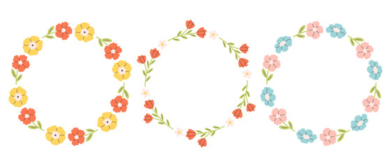 Floral simple circle frame. Hand drawn botanical round border, floral wreath, laurel. Design for invitation, card, banner, logo. Vector illustration in flat style