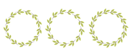 Gently simple flower circle frame. Hand drawn botanical round border, green branches wreath, laurel. Design for invitation, card, banner, logo. Vector illustration in flat style