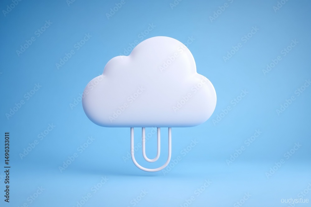 Poster minimalist cloud-shaped object on light blue background with paperclip design