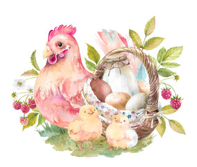 Red hen, chickens, basket of eggs, bottle of milk, raspberries on green lawn hand drawn watercolor illustration isolated on white. Cute template for Easter, children holiday cards, farm, rustic design
