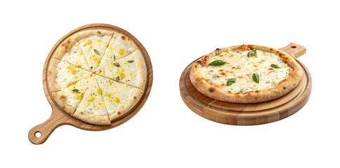 Two fresh pizza bianca on a wooden pizza tray isolated on a transparent background png food design top view, side view 