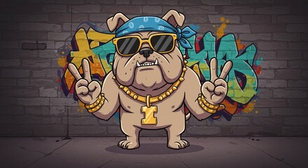 Cartoon bulldog with sunglasses and gold chain against graffiti backdrop