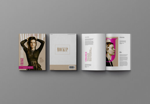 Magazine Mockup &ndash; A4 Flat‑Lay (3&nbsp;Objects: Cover, Back & Spread)
