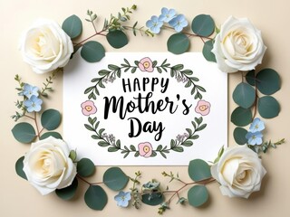 banner with the inscription Happy Mother's Day and white roses and blue flower 3