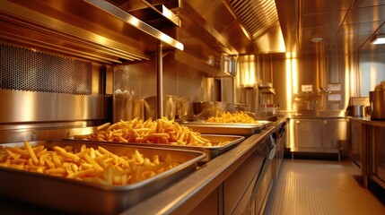 Golden Crispy French Fries in Modern Commercial Kitchen Environment