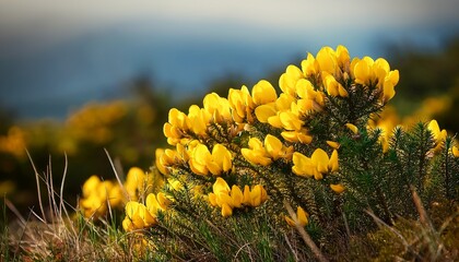 bright yellow gorse ulex europaeus blooming in the wild