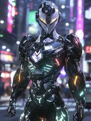 Naklejka premium Futuristic robotic figure in a city at night.