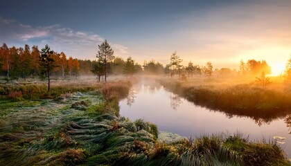 picturesque scenery of a small river bog near the forest at sunrise morning fog haze sunbeams early autumn atmospheric landscape idyllic rural scene pure nature ecology environment
