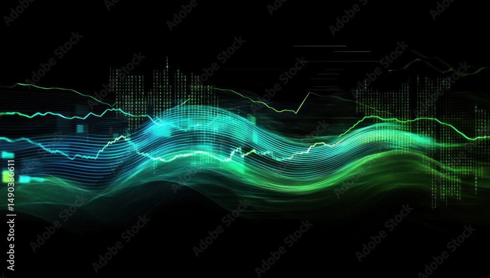 Poster abstract digital waveform: green and blue data stream visualization