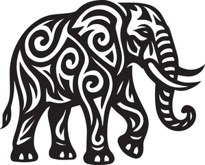 "Tribal Elephant Vector Illustration – Ornamental Animal Tattoo Design in Black and White"