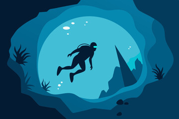 Naklejka premium Scuba Diver in Deep Sea Cave Vector Design