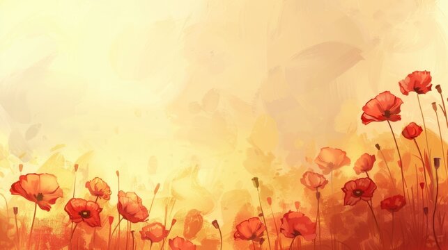 Red poppies field background at sunset with golden sky and warm color palette