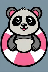 Naklejka premium Cute cartoon panda character floating in a pink and white lifebuoy, smiling joyfully against a soft blue background, perfect for children's illustrations and playful designs