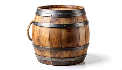 Fototapeta premium Wooden Barrel with Metal Bands and Rope Handle