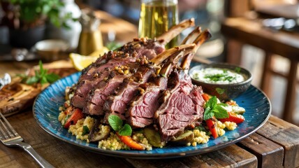 Smoked lamb shoulder carved into thick juicy slices arranged on bright blue ceramic platter with Mediterranean sides including couscous and tzatziki sauce