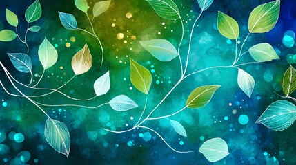 Soft natural outlines of leaves and branches contrasting with bold abstract shapes.