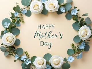 banner with the inscription Happy Mother's Day and white roses and blue flower 4