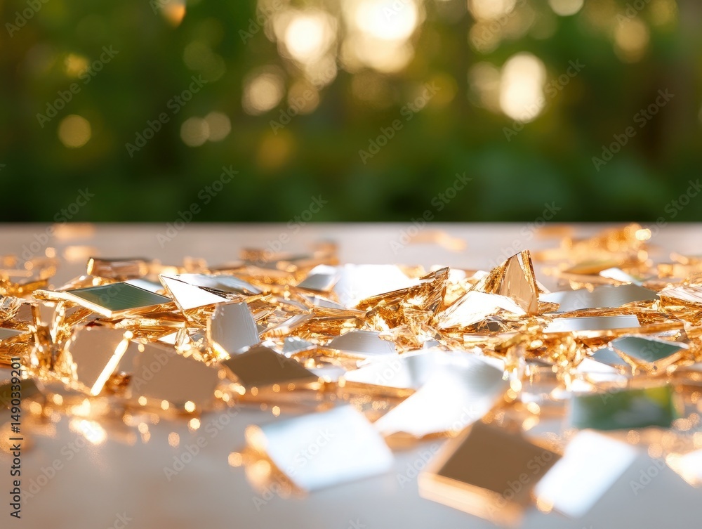 Poster reflective shard fragments on illuminated surface abstract golden texture background