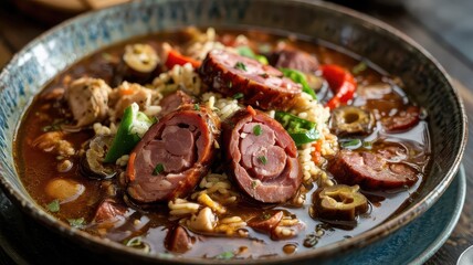 Smoked andouille sausage in traditional gumbo stew with chicken, okra and bell peppers in ceramic bowl with rice, showing layers of ingredients and rich broth