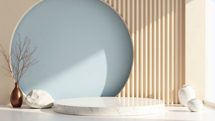 Minimalist 3D Product Display Scene with Marble Podium and Modern Geometric Background in Soft Pastel Tones
