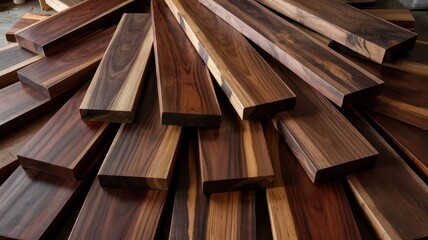 Bois de rose sustainable wood planks arranged in elegant fan pattern displaying various processing stages from raw to finished with natural sunlight and crimson tones