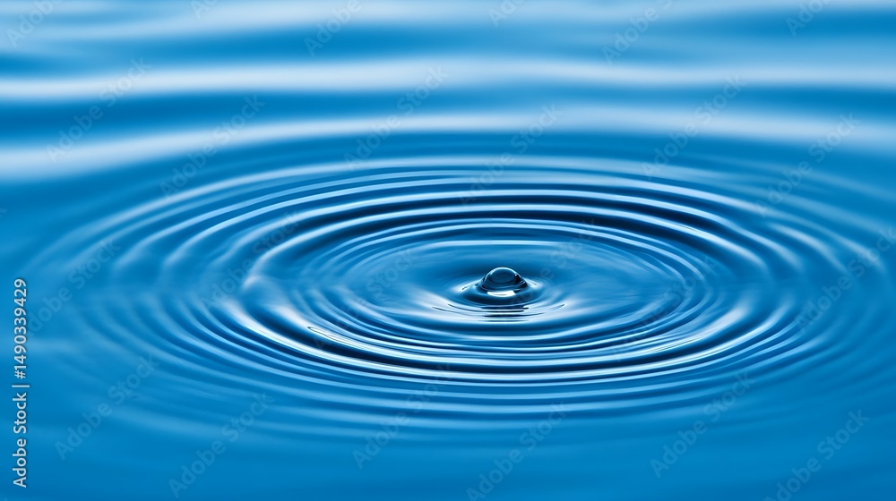 Poster tranquil water ripples with a single droplet creating concentric waves