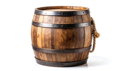 Fototapeta premium Rustic Wooden Barrel with Metal Bands and Rope