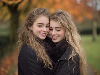 Obraz premium Two young women embrace in natural light a portrait of friendship and togetherness