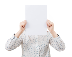 Young businesswoman covering her face using a blank paper sheet like a mask to hide her real emotions isolated on transparent background