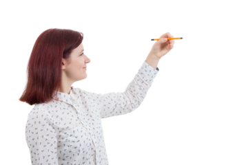 Young Student girl or Businesswoman holding a pencil in her hand try to draw an imaginative sketch, side portrait isolated on transparent background