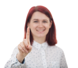 Young Smiling Businesswoman Student on transparent background closeup forefinger touching the screen interface