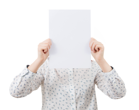 Young businesswoman covering her face using a blank paper sheet like a mask to hide her real emotions isolated on transparent background