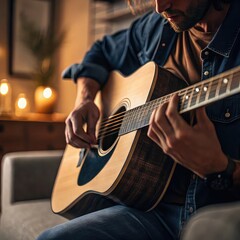 Obraz premium Man Playing Acoustic Guitar Indoors , Close-Up of Hands and Strings