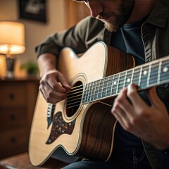Obraz premium Man Playing Acoustic Guitar Indoors , Close-Up of Hands and Strings