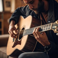 Obraz premium Man Playing Acoustic Guitar Indoors , Close-Up of Hands and Strings