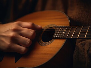 Fototapeta premium Man Playing Acoustic Guitar Indoors , Close-Up of Hands and Strings