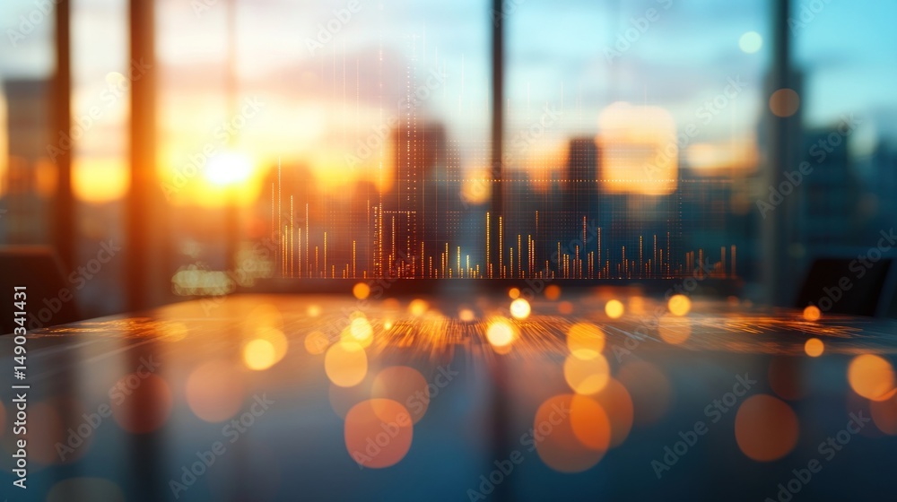 Poster sunset cityscape with data overlay on table